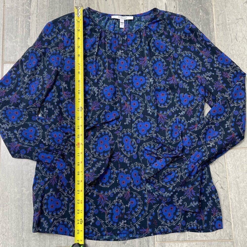 Derek Lam 10 Crosby Poet Floral Sheer Ruffle Sleeve Silk Blouse Blue Black Sz 6 - Picture 7 of 10